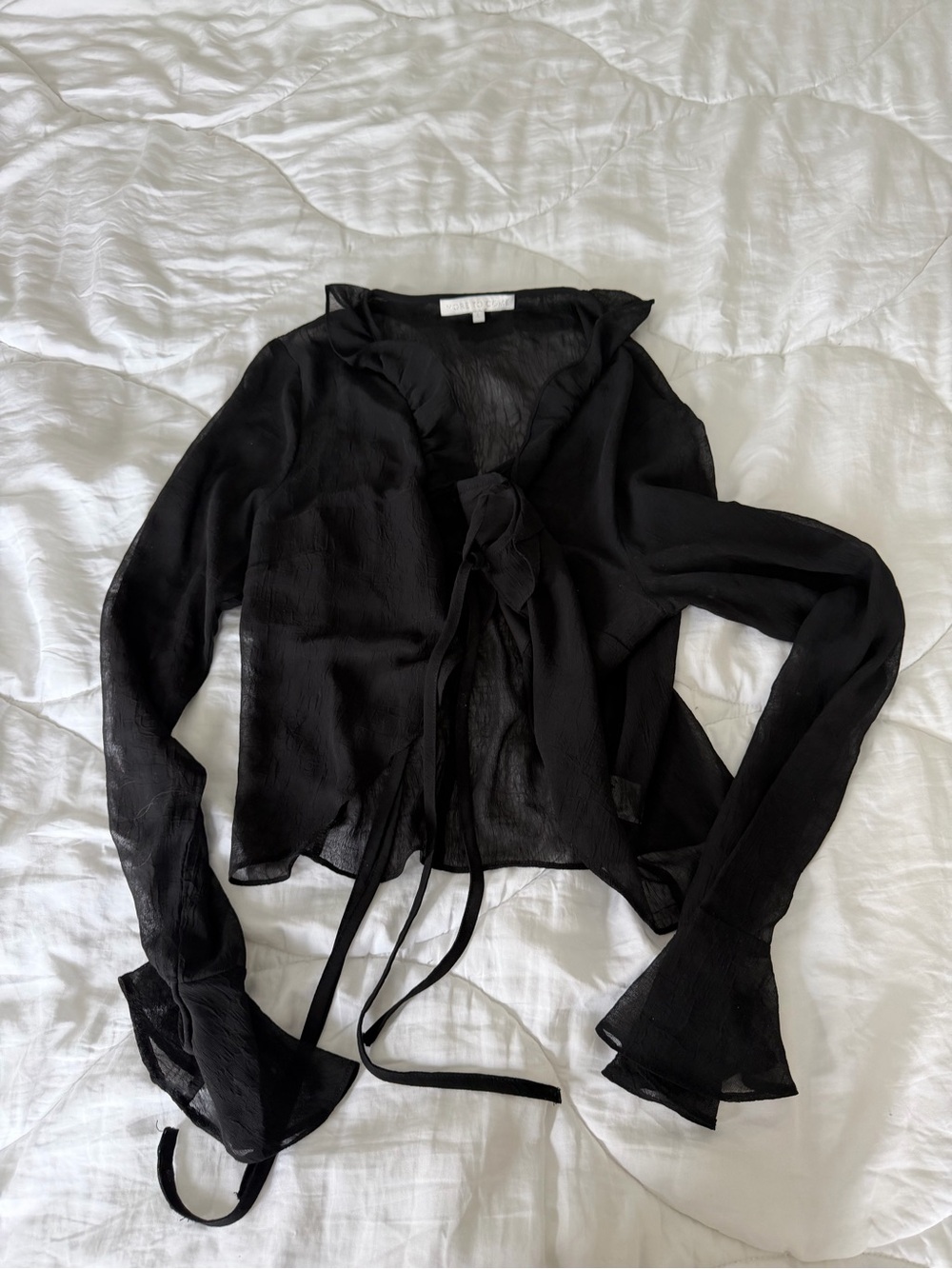 Black Sheer Tie-Neck Blouse with Ruffle Collar